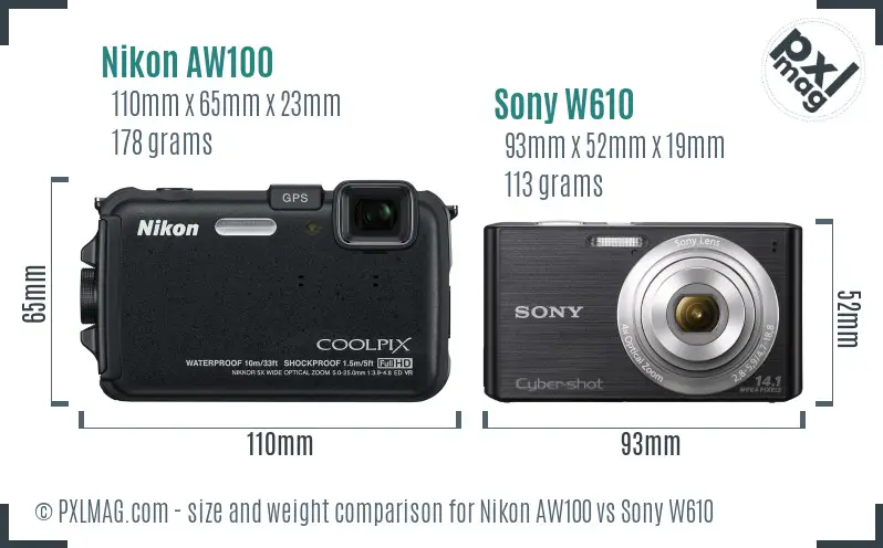 Nikon AW100 vs Sony W610 size comparison Nikon AW100 vs Sony W610 size comparison