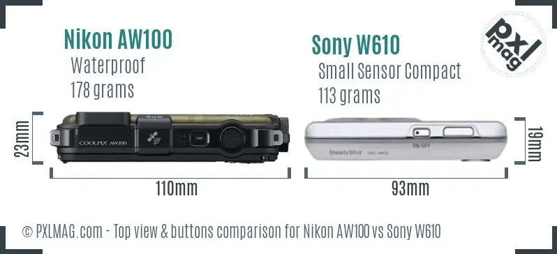 Nikon AW100 vs Sony W610 top view buttons comparison Nikon AW100 vs Sony W610 top view buttons comparison