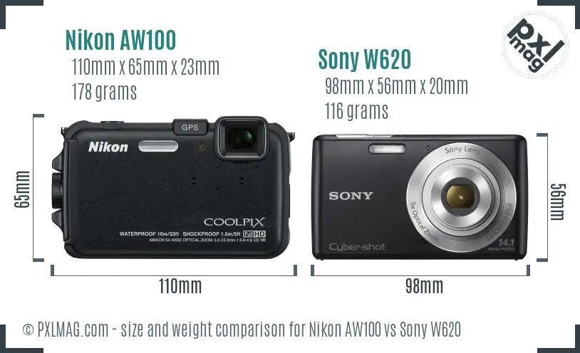 Nikon AW100 vs Sony W620 size comparison
