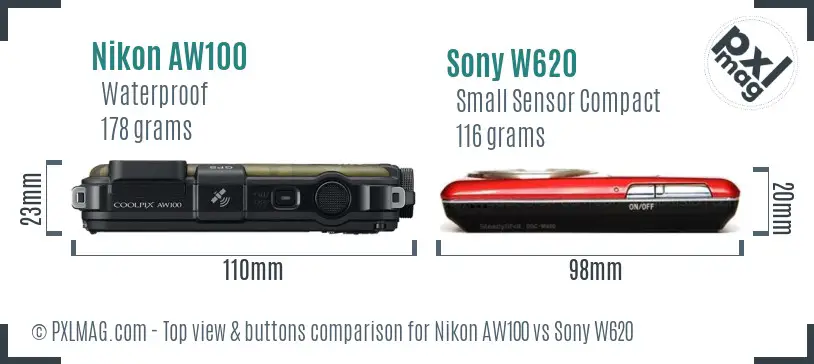 Nikon AW100 vs Sony W620 top view buttons comparison