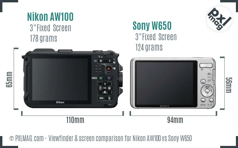 Nikon AW100 vs Sony W650 Screen and Viewfinder comparison