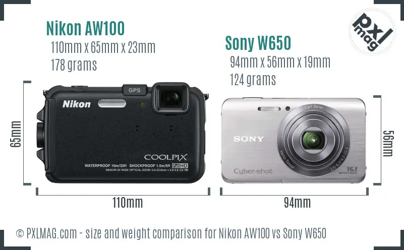 Nikon AW100 vs Sony W650 size comparison