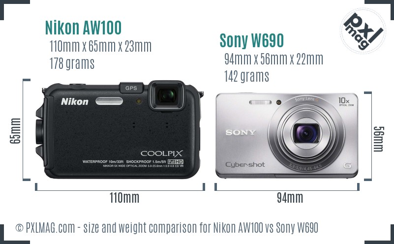 Nikon AW100 vs Sony W690 size comparison