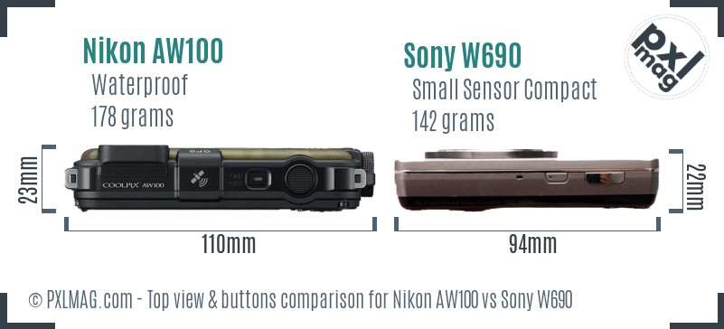 Nikon AW100 vs Sony W690 top view buttons comparison