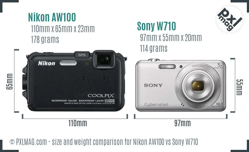 Nikon AW100 vs Sony W710 size comparison