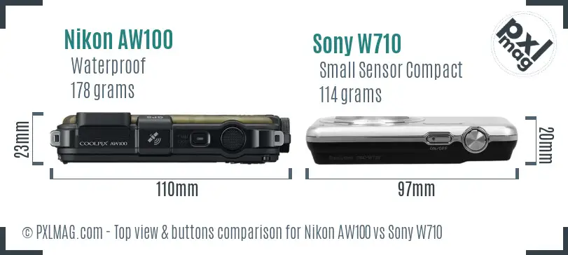 Nikon AW100 vs Sony W710 top view buttons comparison