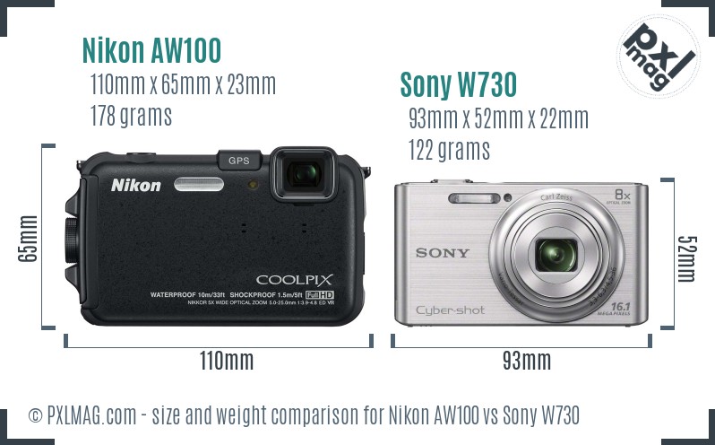 Nikon AW100 vs Sony W730 size comparison