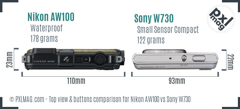 Nikon AW100 vs Sony W730 top view buttons comparison