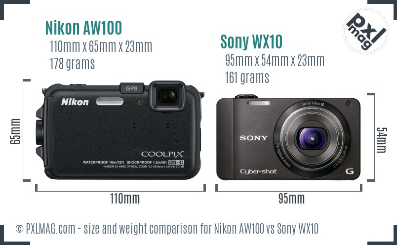 Nikon AW100 vs Sony WX10 size comparison