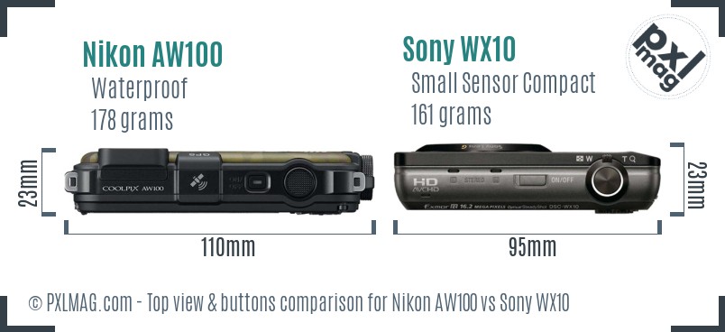 Nikon AW100 vs Sony WX10 top view buttons comparison
