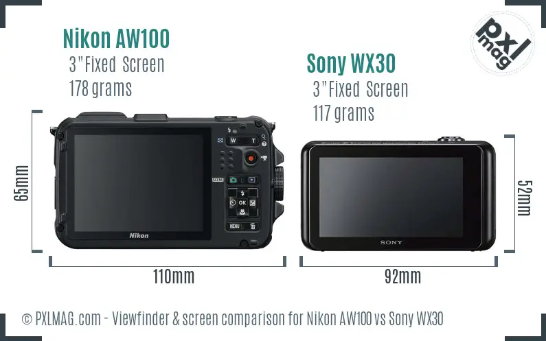 Nikon AW100 vs Sony WX30 Screen and Viewfinder comparison