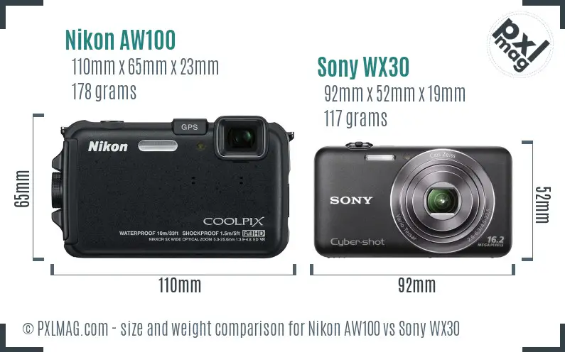 Nikon AW100 vs Sony WX30 size comparison