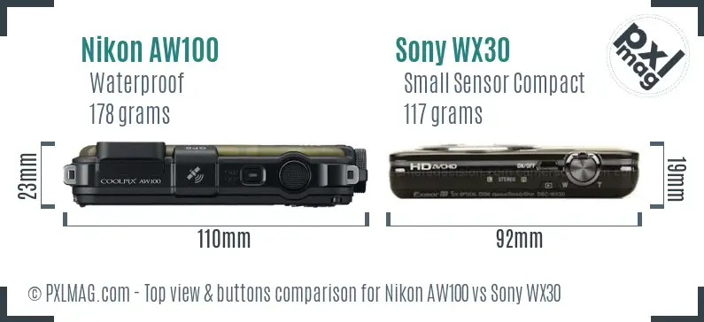 Nikon AW100 vs Sony WX30 top view buttons comparison