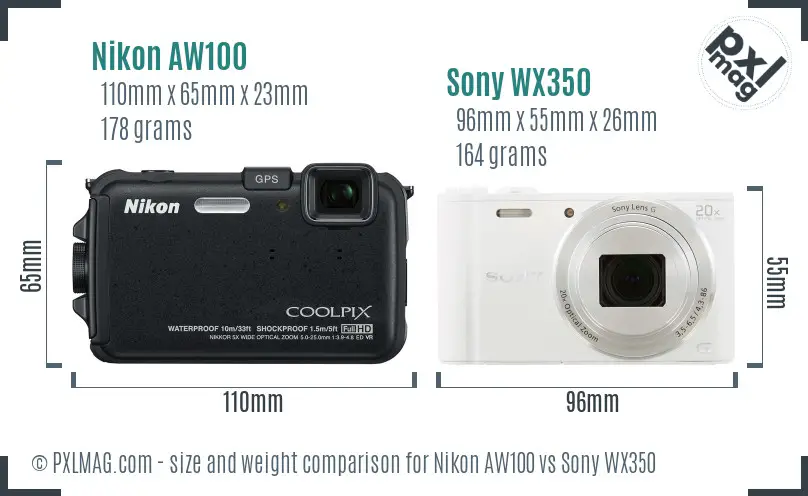 Nikon AW100 vs Sony WX350 size comparison