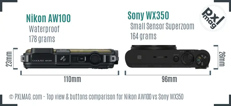 Nikon AW100 vs Sony WX350 top view buttons comparison