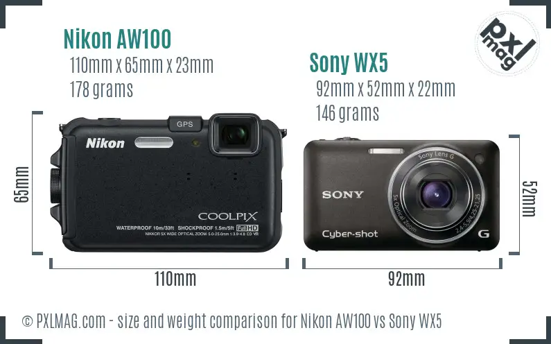 Nikon AW100 vs Sony WX5 size comparison