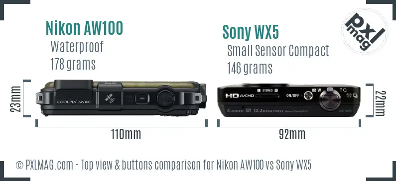 Nikon AW100 vs Sony WX5 top view buttons comparison