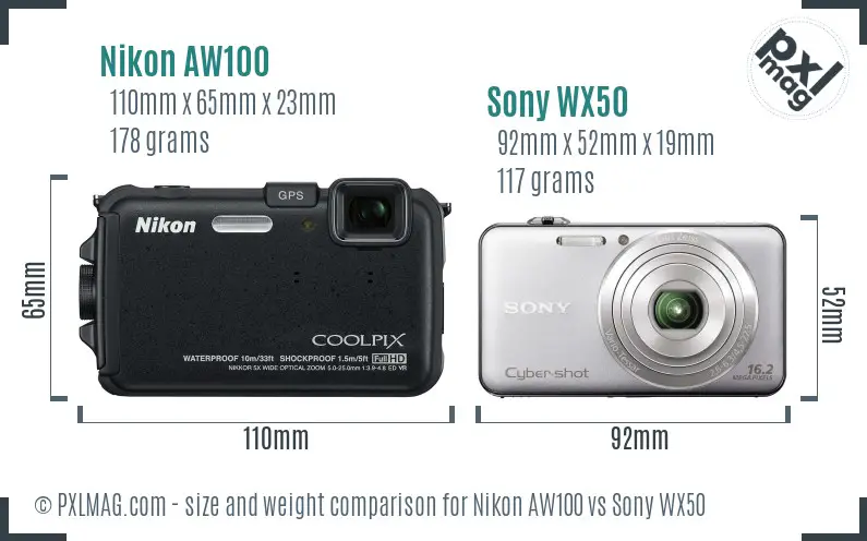 Nikon AW100 vs Sony WX50 size comparison
