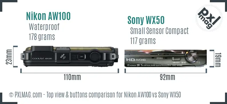 Nikon AW100 vs Sony WX50 top view buttons comparison