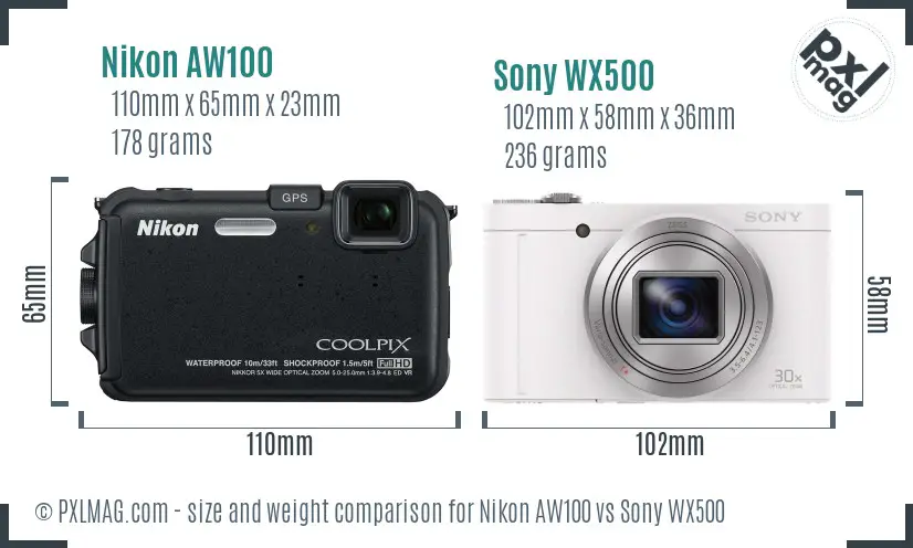 Nikon AW100 vs Sony WX500 size comparison