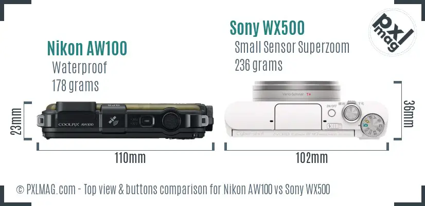 Nikon AW100 vs Sony WX500 top view buttons comparison