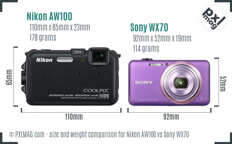 Nikon AW100 vs Sony WX70 size comparison