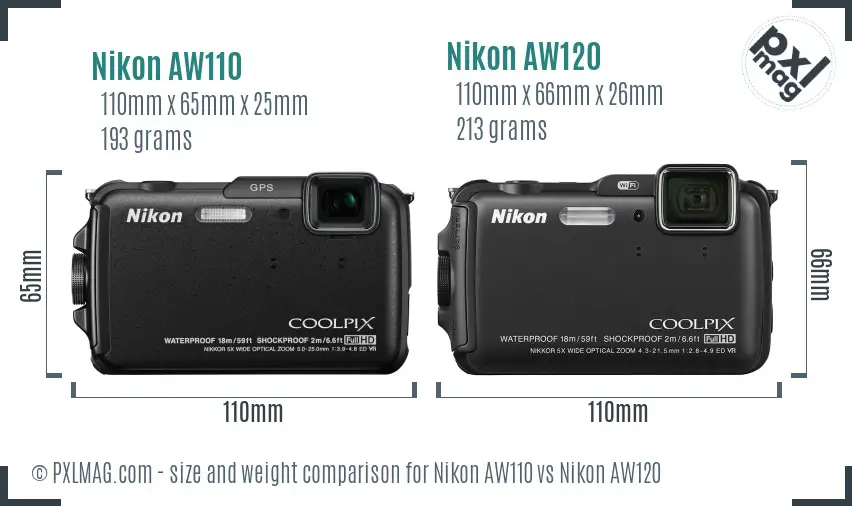 Nikon AW110 vs Nikon AW120 size comparison