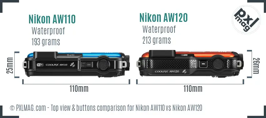 Nikon AW110 vs Nikon AW120 top view buttons comparison