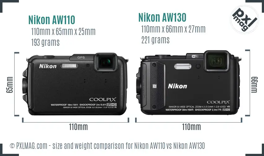 Nikon AW110 vs Nikon AW130 size comparison