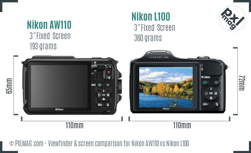 Nikon AW110 vs Nikon L100 Screen and Viewfinder comparison
