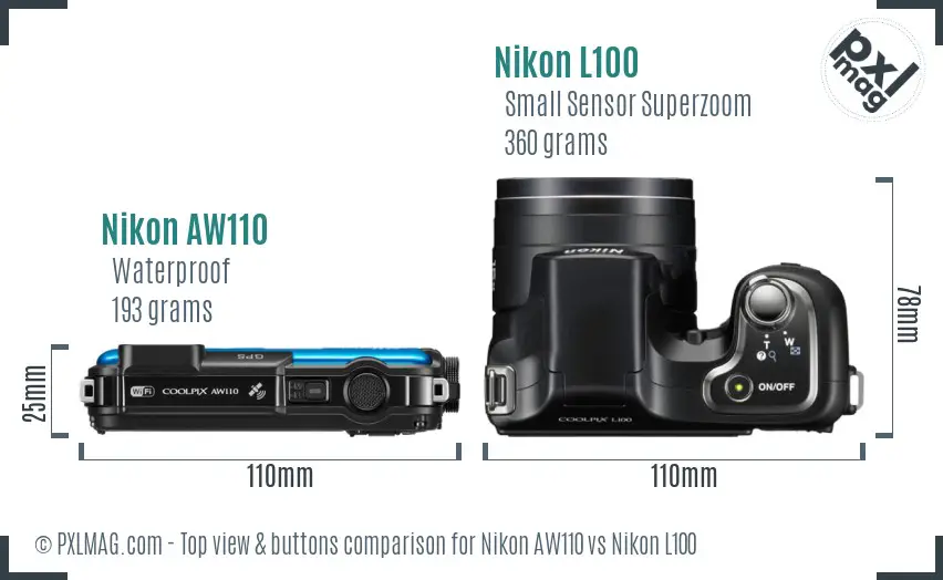 Nikon AW110 vs Nikon L100 top view buttons comparison