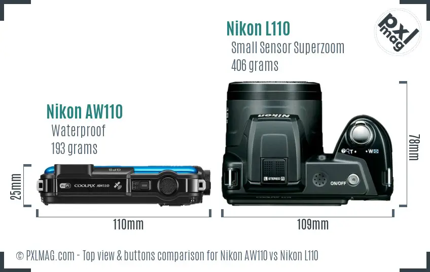 Nikon AW110 vs Nikon L110 top view buttons comparison