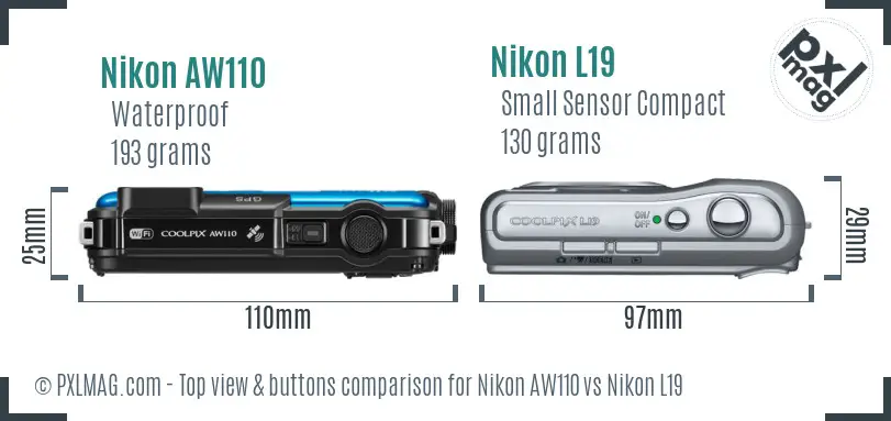 Nikon AW110 vs Nikon L19 top view buttons comparison