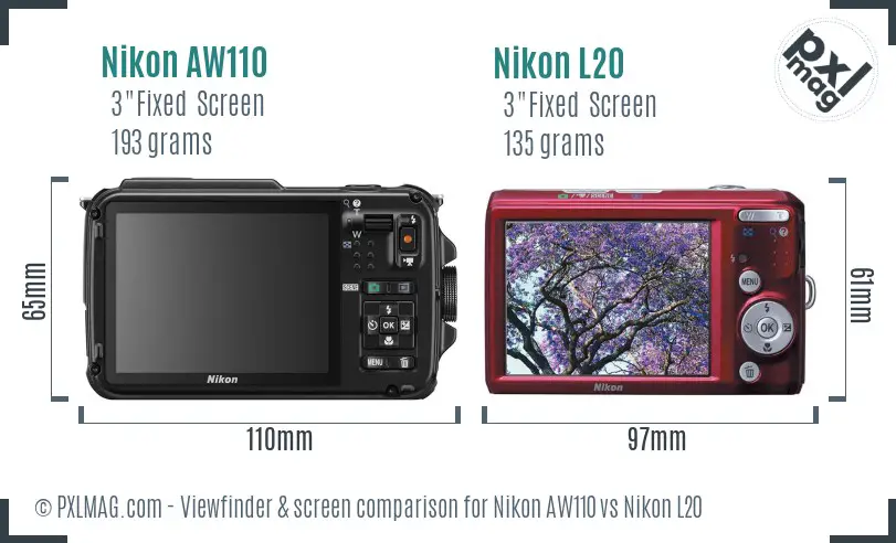 Nikon AW110 vs Nikon L20 Screen and Viewfinder comparison