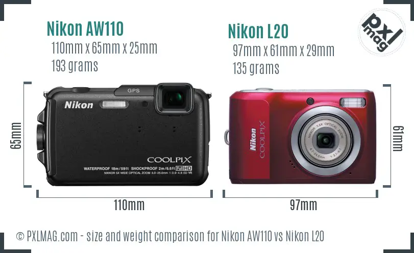 Nikon AW110 vs Nikon L20 size comparison