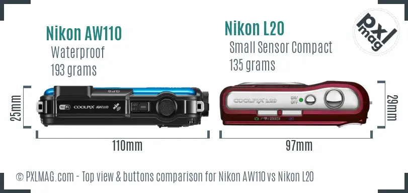 Nikon AW110 vs Nikon L20 top view buttons comparison