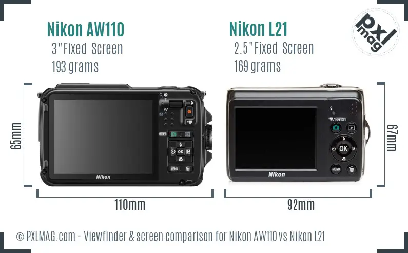 Nikon AW110 vs Nikon L21 Screen and Viewfinder comparison