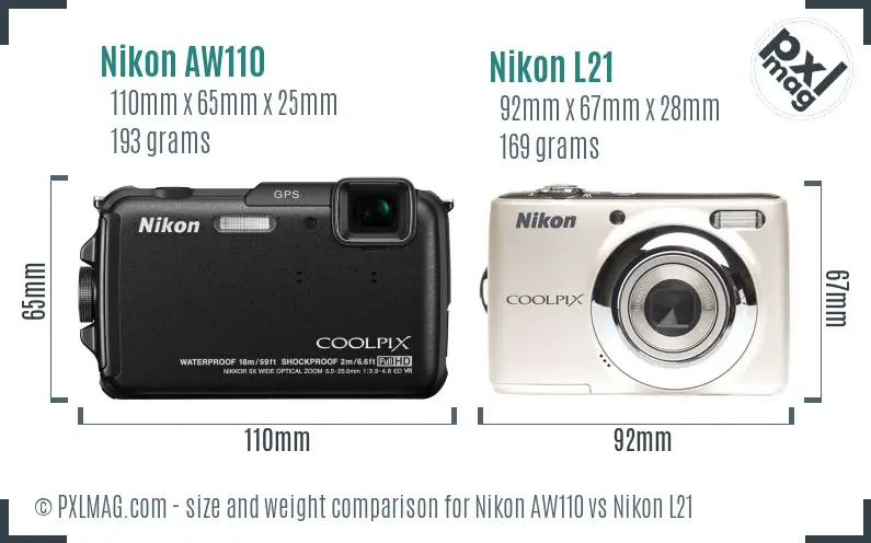 Nikon AW110 vs Nikon L21 size comparison