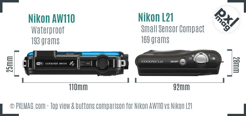 Nikon AW110 vs Nikon L21 top view buttons comparison