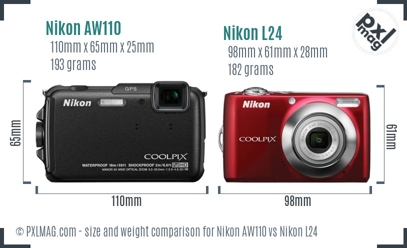 Nikon AW110 vs Nikon L24 size comparison