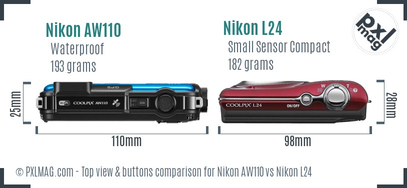 Nikon AW110 vs Nikon L24 top view buttons comparison