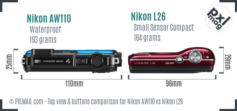 Nikon AW110 vs Nikon L26 top view buttons comparison