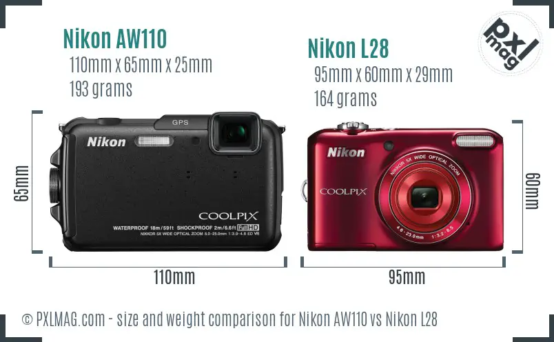 Nikon AW110 vs Nikon L28 size comparison