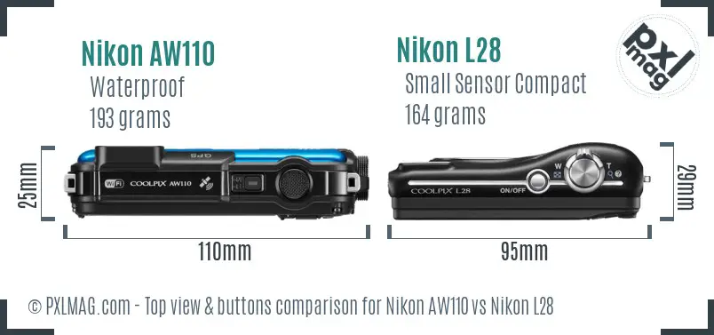 Nikon AW110 vs Nikon L28 top view buttons comparison