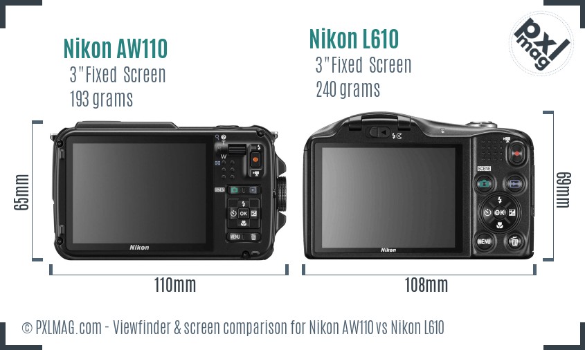 Nikon AW110 vs Nikon L610 Screen and Viewfinder comparison