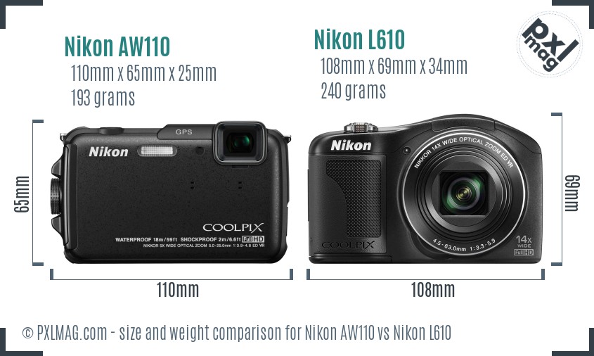 Nikon AW110 vs Nikon L610 size comparison