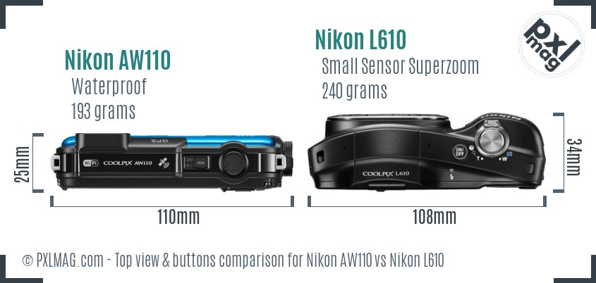 Nikon AW110 vs Nikon L610 top view buttons comparison