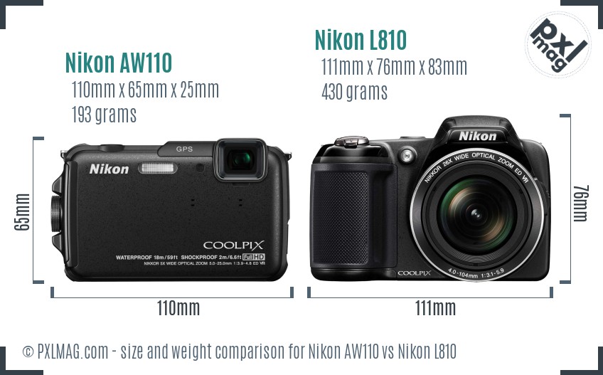 Nikon AW110 vs Nikon L810 size comparison