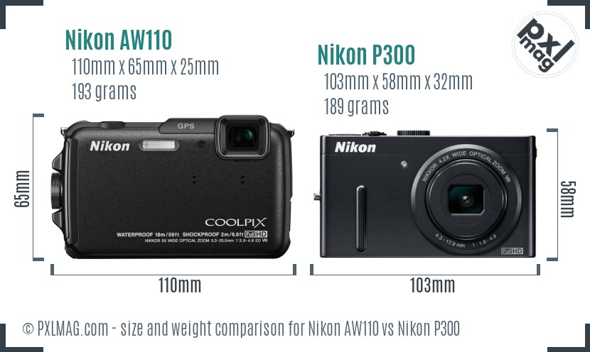 Nikon AW110 vs Nikon P300 size comparison Nikon AW110 vs Nikon P300 size comparison