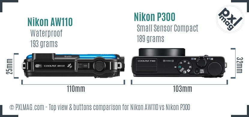Nikon AW110 vs Nikon P300 top view buttons comparison